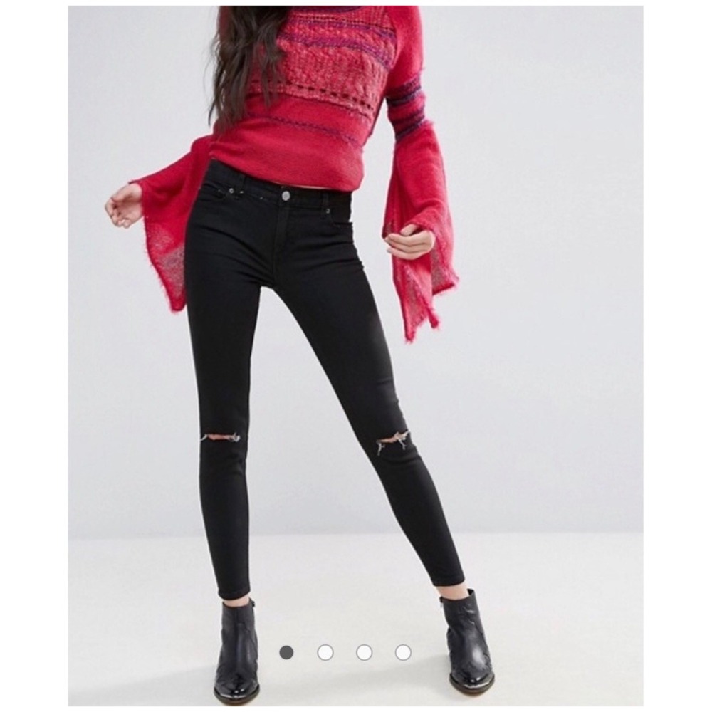 Free People Black Distressed Busted Knee Slit Skinny Jeans‎ 28 Boho Festival